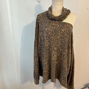 Terra Sky Plus Size 3X Leopard Print Open Shoulder‎ Cowl Neck Long Sleeve Top